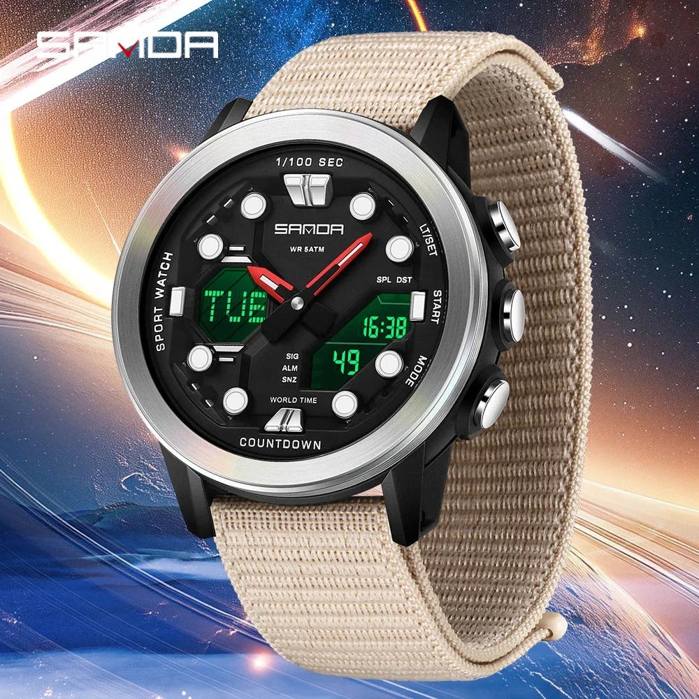 Relógio masculino sanda fashion, eletrônico, tela dupla, esportivo, multifuncional, luminoso, à prova d'água, calendário