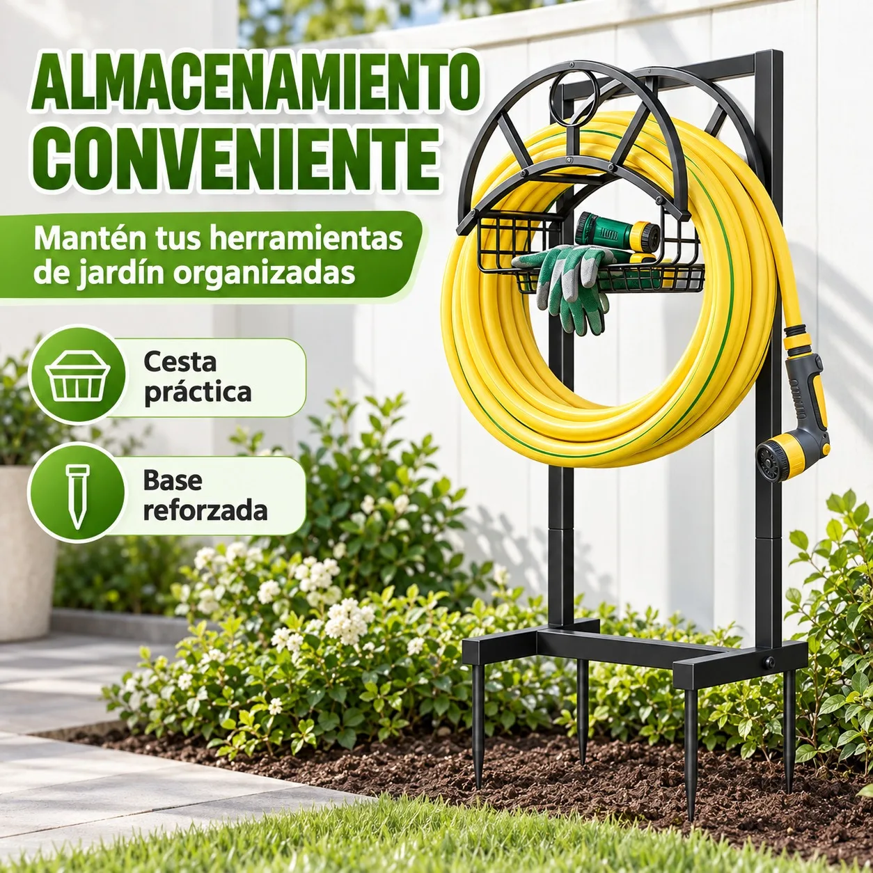 Supporto in ferro per tubo da giardino, con cestello portaoggetti e base rinforzata, lunghezza 108 cm. Robusto sistema di organizzazione per esterni, ideale per riporre attrezzi e accessori per