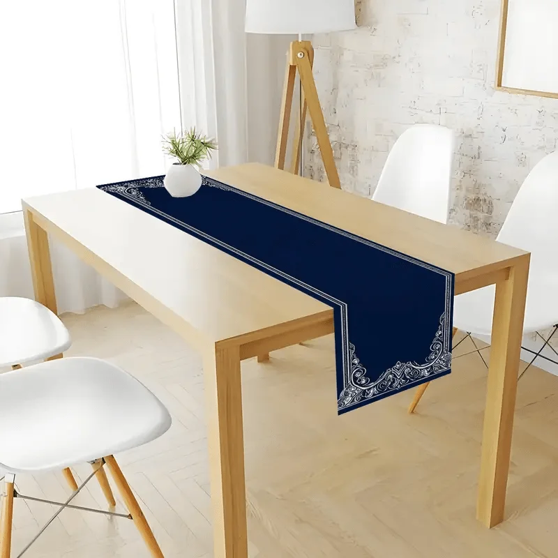 Silvery-Edged Blue European Floral Table Runner - Royal Palace Style Home Elegant Decor