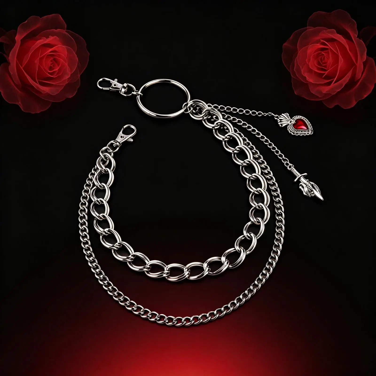 Red Heart 3 Layer Pants Chain, Silver Alloy Hip Hop Waist Chain, Gothic Punk Unisex Jean Chain Halloween & Everyday Wear