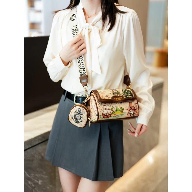 Cartoon graffiti cylindrical bag women's crossbody bag western-style versatile shoulder bag personalized small bag contrasti