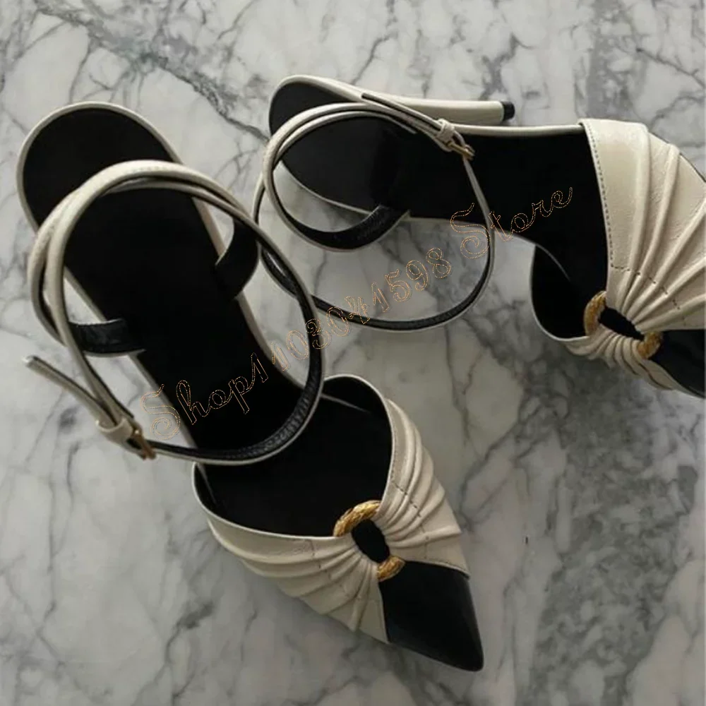 

White Pleated Matte Leather Pumps Thin High Heels Ankle Strap High Heel Shoes for Women Party Heels 2025 New Zapatos Para Mujere