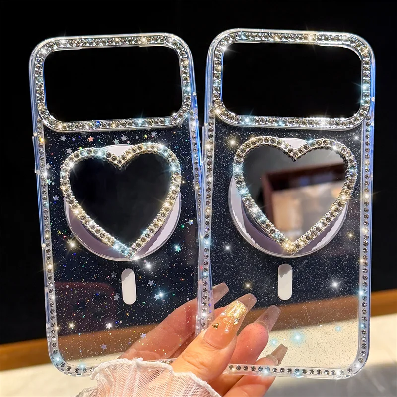 

New Fashion Glitter Diamond Transparent Case For iPhone 16 15 14 13 17 Pro Max 16Plus Magnetic Wireless Charge Holder love heart