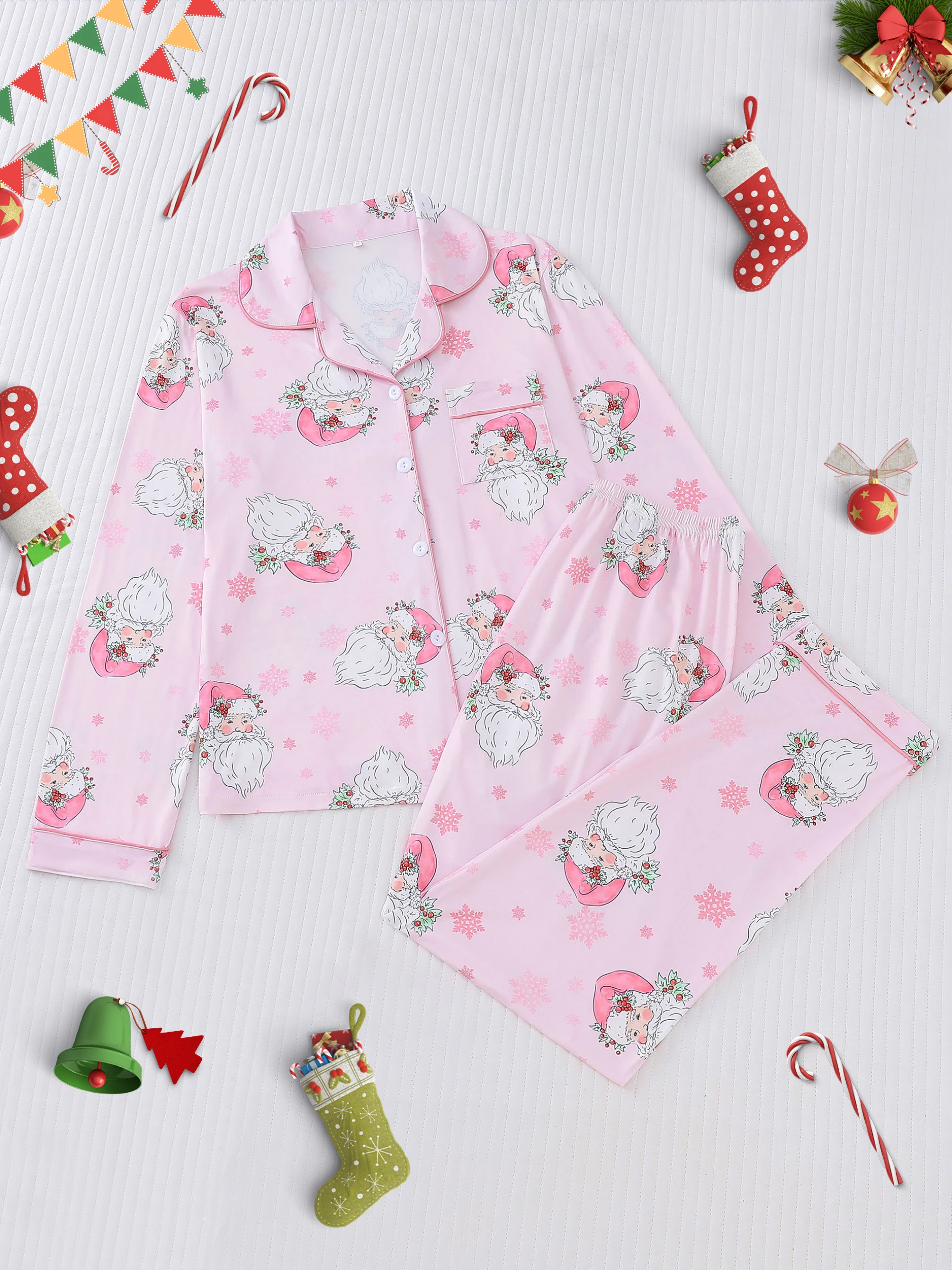 Christmas Santa Claus snowflake print pajama set for women lapel long sleeve top and loose trousers women\'s loungewear