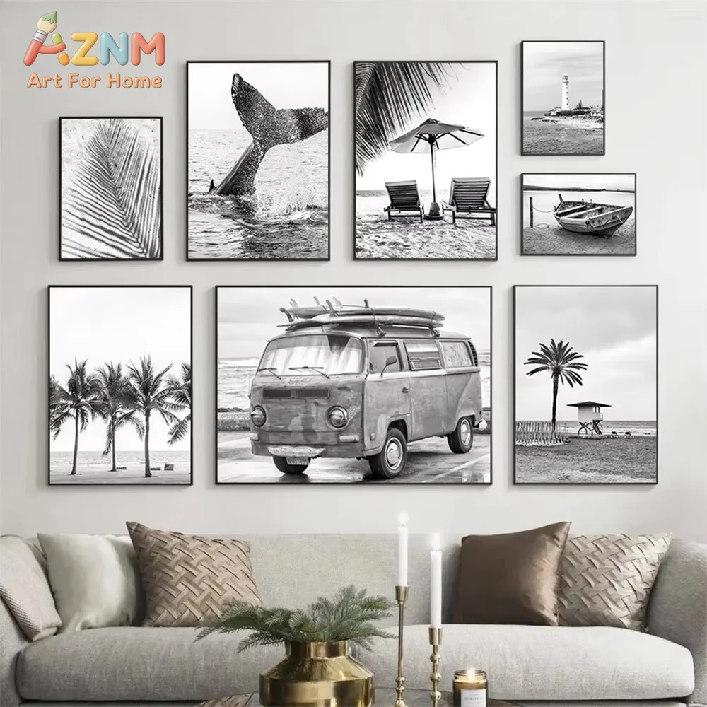 1PC Black And White Sea Beach Boat Palm Leaf Nordic Posters And Prints Whale Wall Art Canvas Painting Picture Living Room Decor