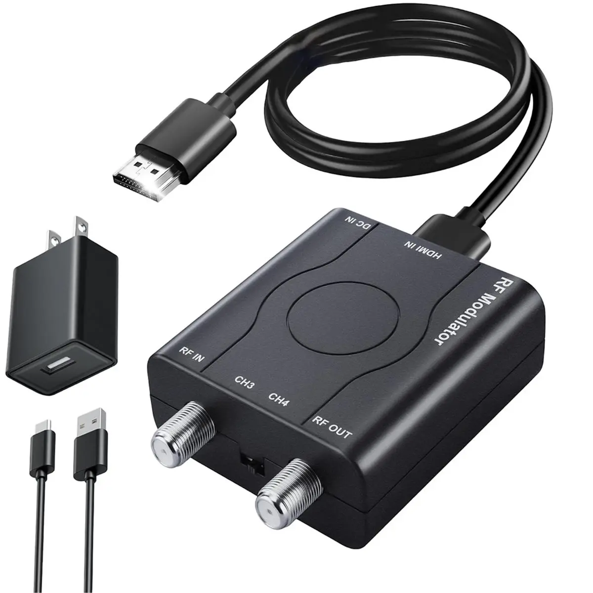 A85P HDMI-Compatible to RF Modulator with Cable & Power Adapter,1080P PLL Control NTSC Output CH3/CH4 RF Converter US Plug