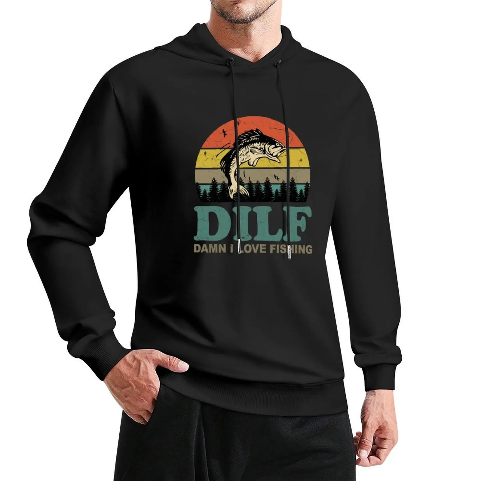 DILF Damn I Love Fishing Retro Vintage Sunset Funny Fishing Gift Pullover Hoodie men wear mens designer clothes man hoodie