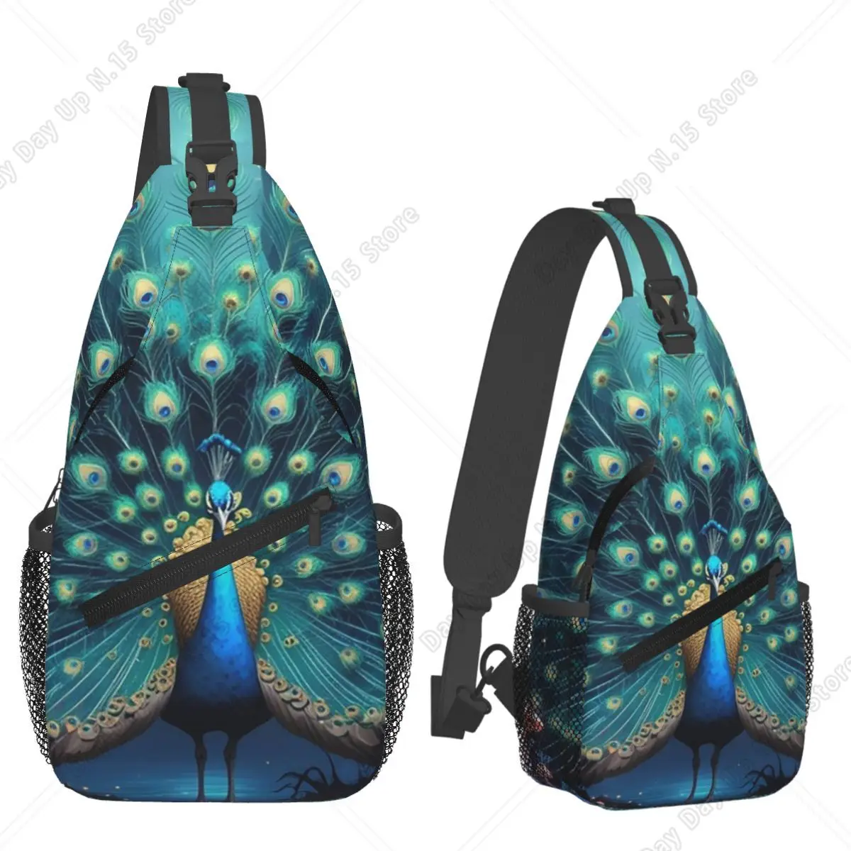 Mesmerising Peacock Feathers Chest Bag Men Sling Crossbody Backpack Chest Bag Travel Hiking Daypack Shoulder Bag