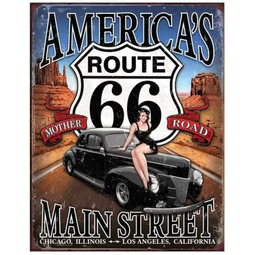 

America's Route 66 Pin-Up Tin Sign Man Cave Wall Art Decor Retro Poster