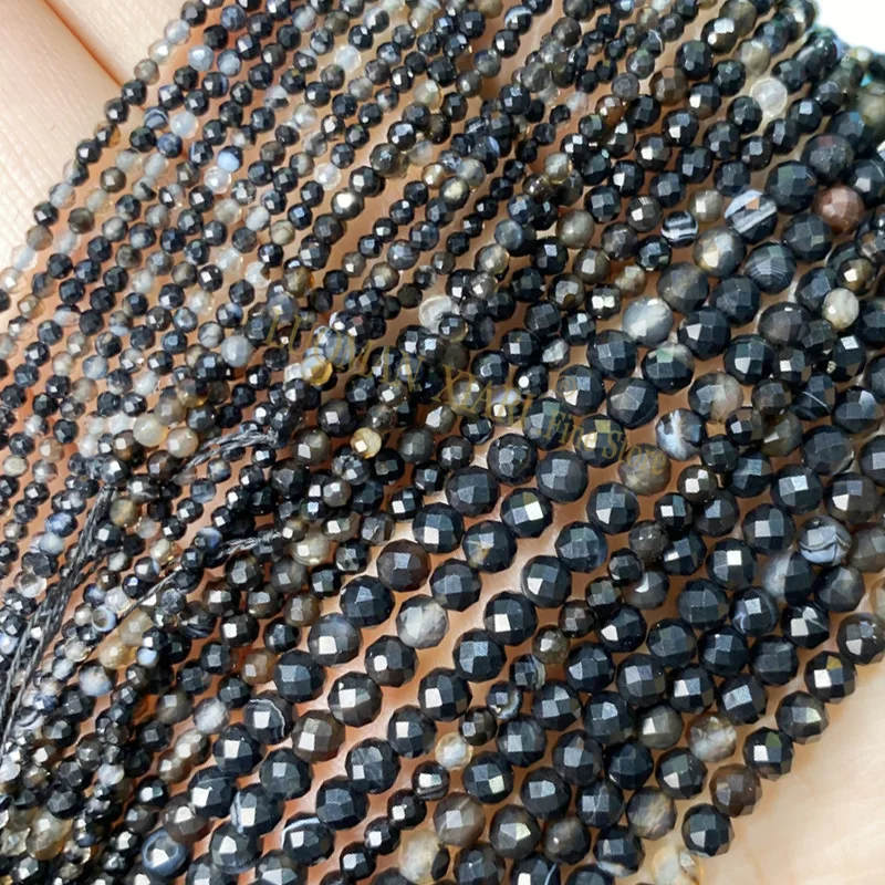 2 3 4MM Natural Stone Faceted Black Strip Agate Round Gemstone Beads For Jewelry Making DIY Bracelet Earrings Accessories 15''