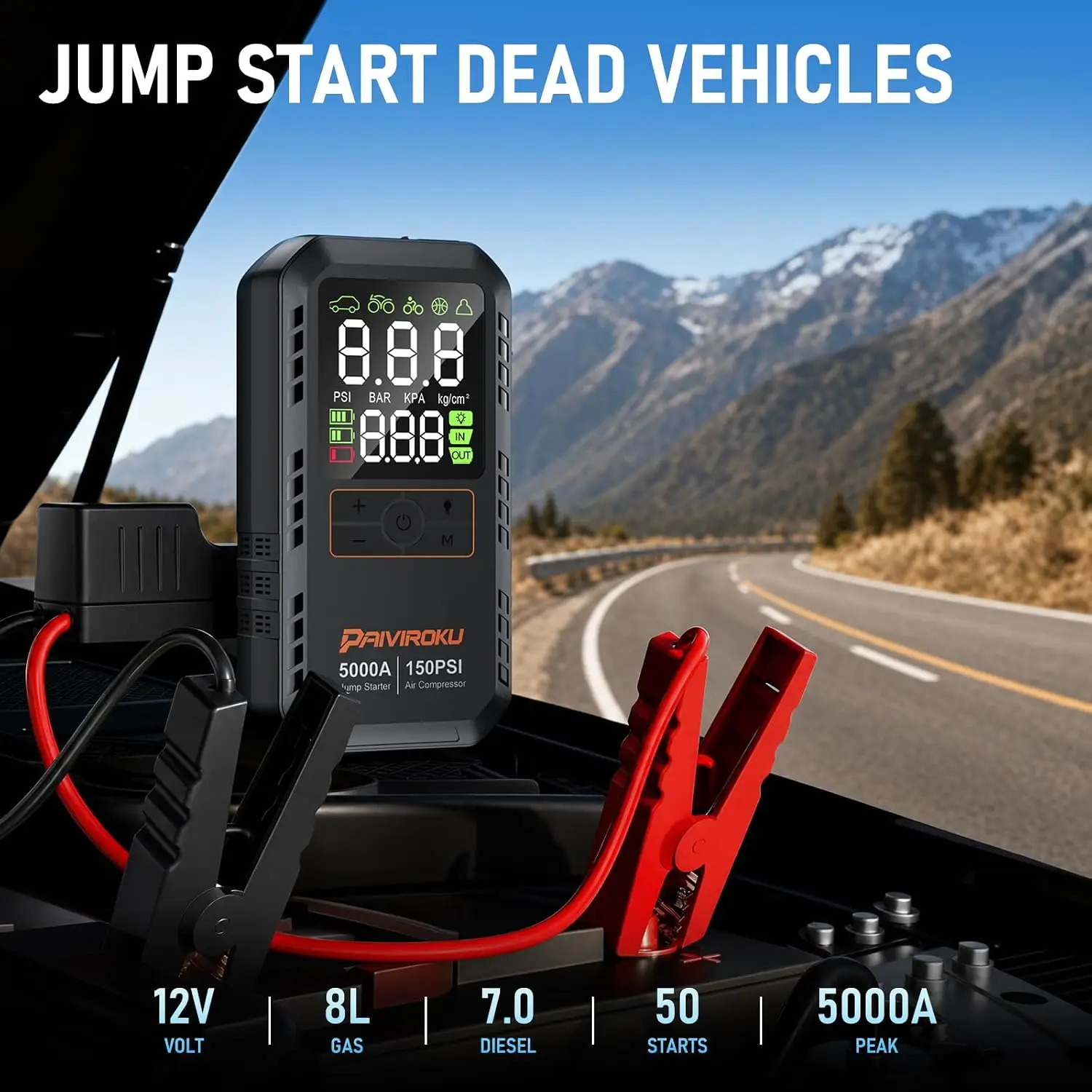 5000A Car Battery Jump Starter with Air Compressor 12V Car Battery Jumper Starter Car Battery Jump Portable 150PSI Tire Inflator
