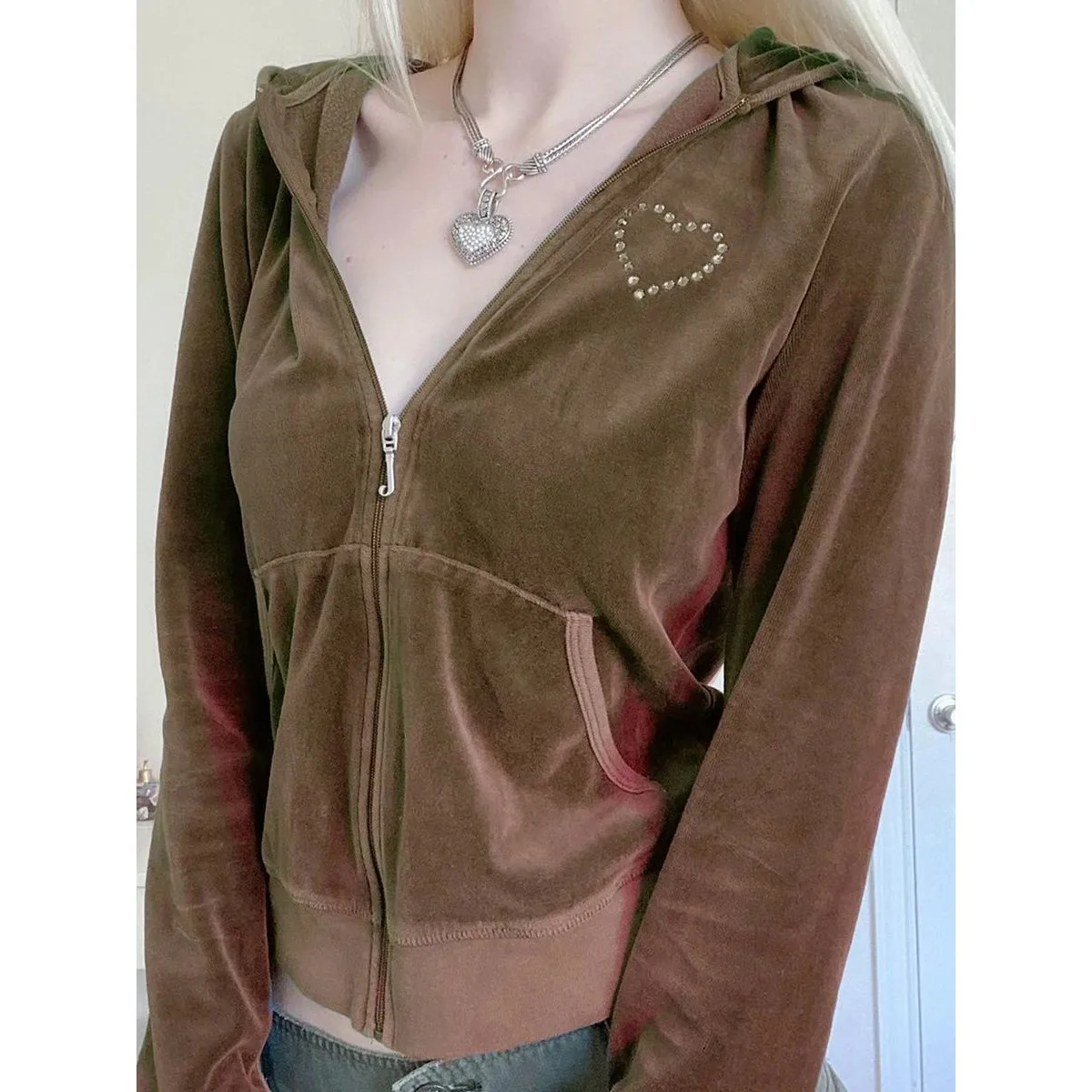 سترة صوفية بغطاء للرأس Y2K باللون البني، سترة طويلة بسحاب للنساء، ملابس خارجية مريحة كاجوال