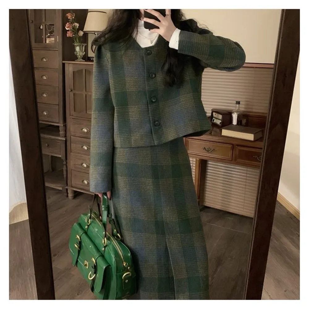 Vintage Green Tweed Outfit Suit Women Elegant Wool Short Coats +High Waist Long Skirt  Autumn Winter 2 Piece Sets Office Ladies