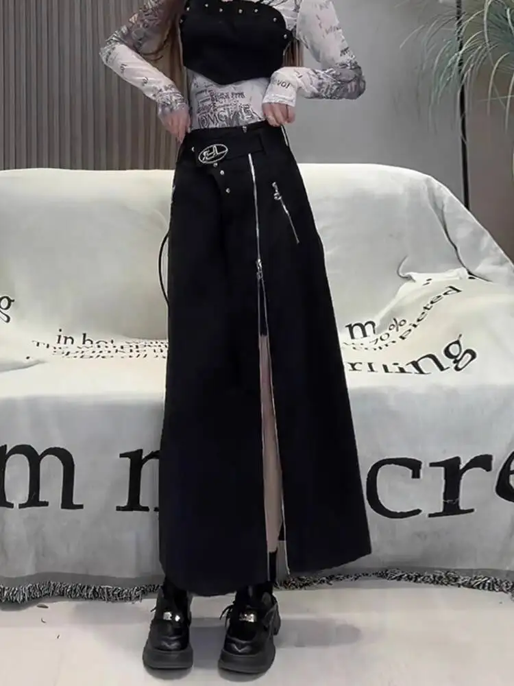 

Women's Gothic Punk Zip Skirts 2025 Autumn New Black High Waist Midi Skirt Unique Draping Effect Zip Design Split Hem Skirt