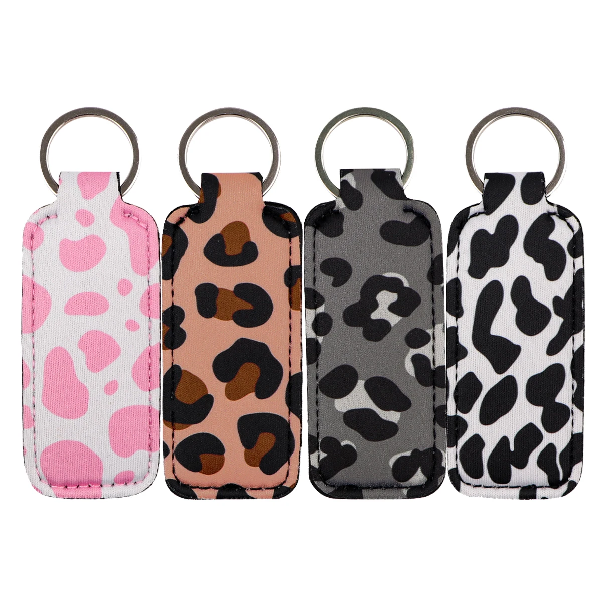 Leopard Print Serises Clip on Lipstick Holder Keychain Cow Print Keyring Trendy Lip Balm KeyChain Bag Charms Travel Accessories