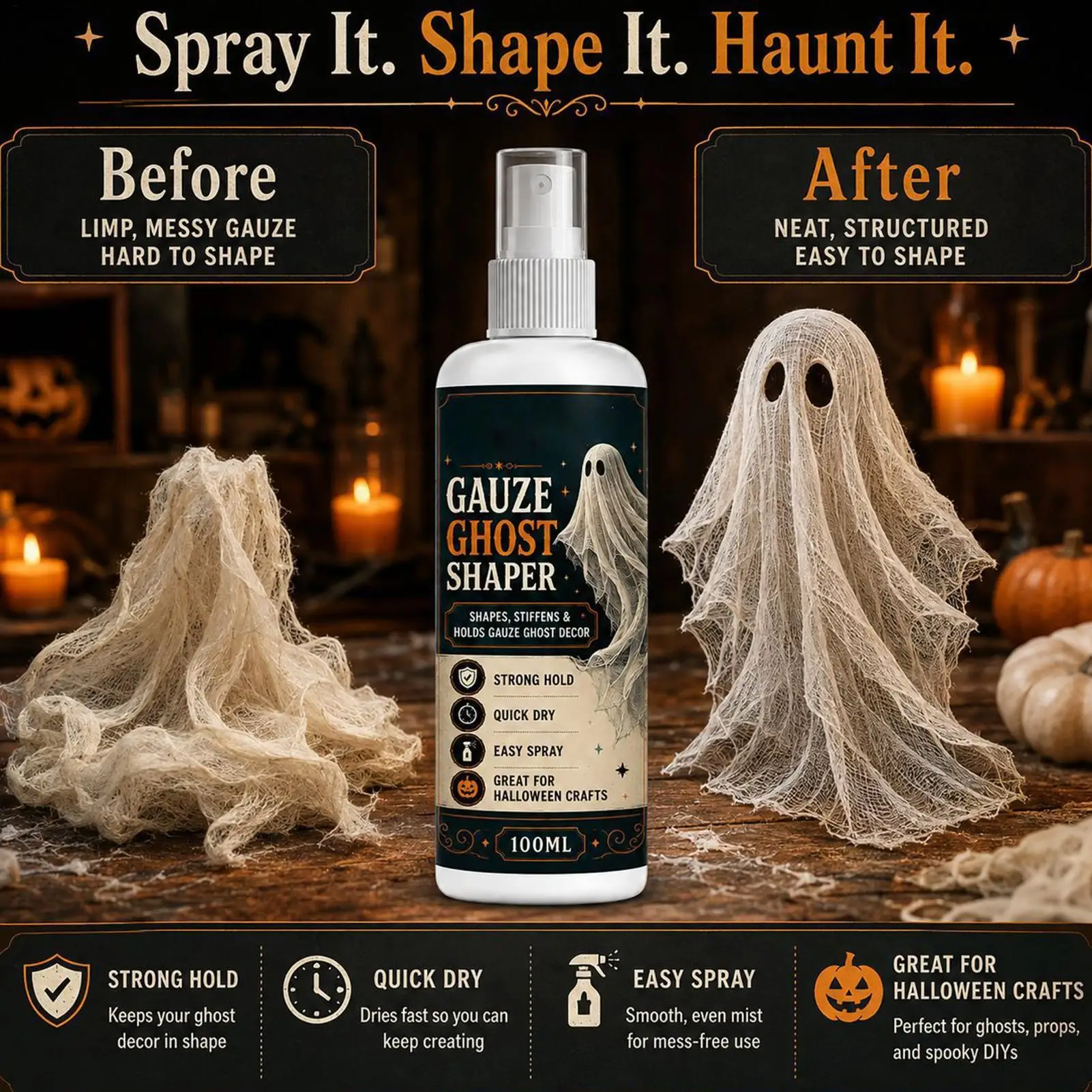 100ml Fabric Stiffener Spray Quick Dry Clear Liquid DIY Halloween Gauze Ghost Decor Crafts Home Party Holiday Supplies