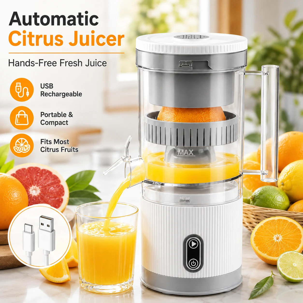 Portable electric juicer, suitable for oranges, lemons, grapefruit and other fruits. Smooth juice, simple operation,