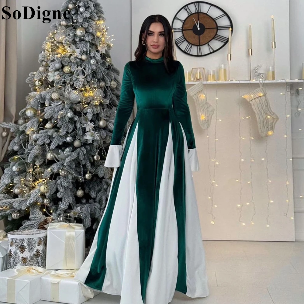 SoDigne Emerald Green & White Velvet Evening Dresses A-Line High Neck Full Sleeves Pleated Party Dress 2025 Prom Gown Customized