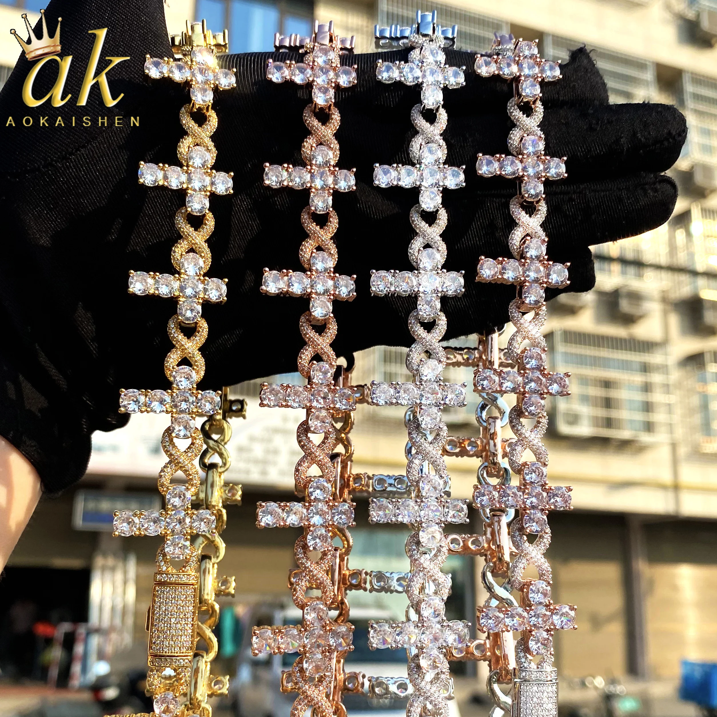 Aokaishen Iced Out Infinity Cross Necklace Choker for Women Micro Pave Prong Setting Real Gold Plated Hip Hop Jewelry