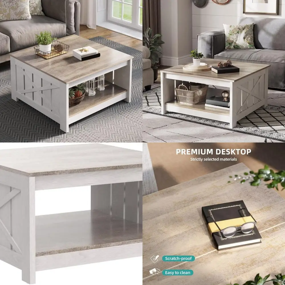 Rustic Grey Wash Square Farmhouse Coffee Table with Half Open Storage for Living Room