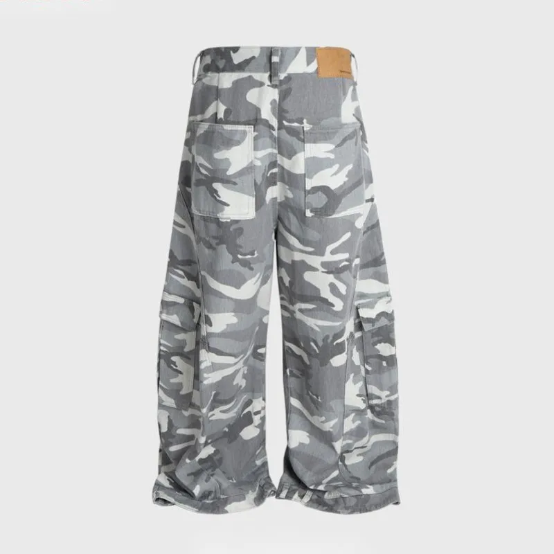 HKSH Spring Autumn New Men Safari Style Multi-Pocket Wide Leg Jeans Chic Loose Casual Camouflage High Street Cargo Pants HK14524
