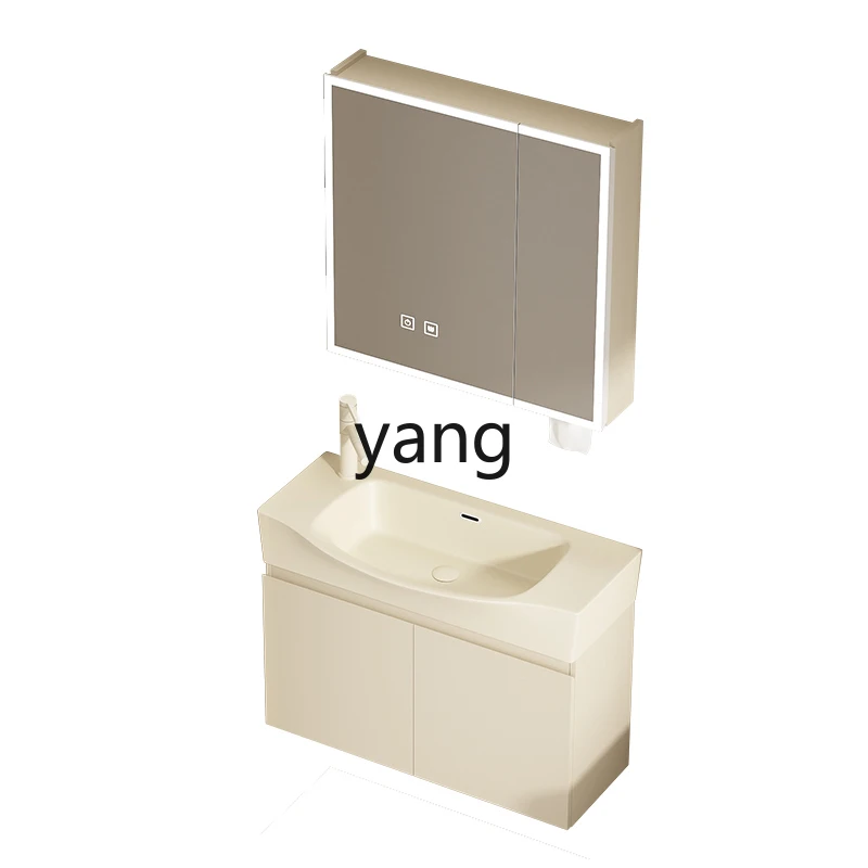 LHH  cream wind solid wood narrow long bathroom cabinet combination wall-mounted ceramic integrated washbasin