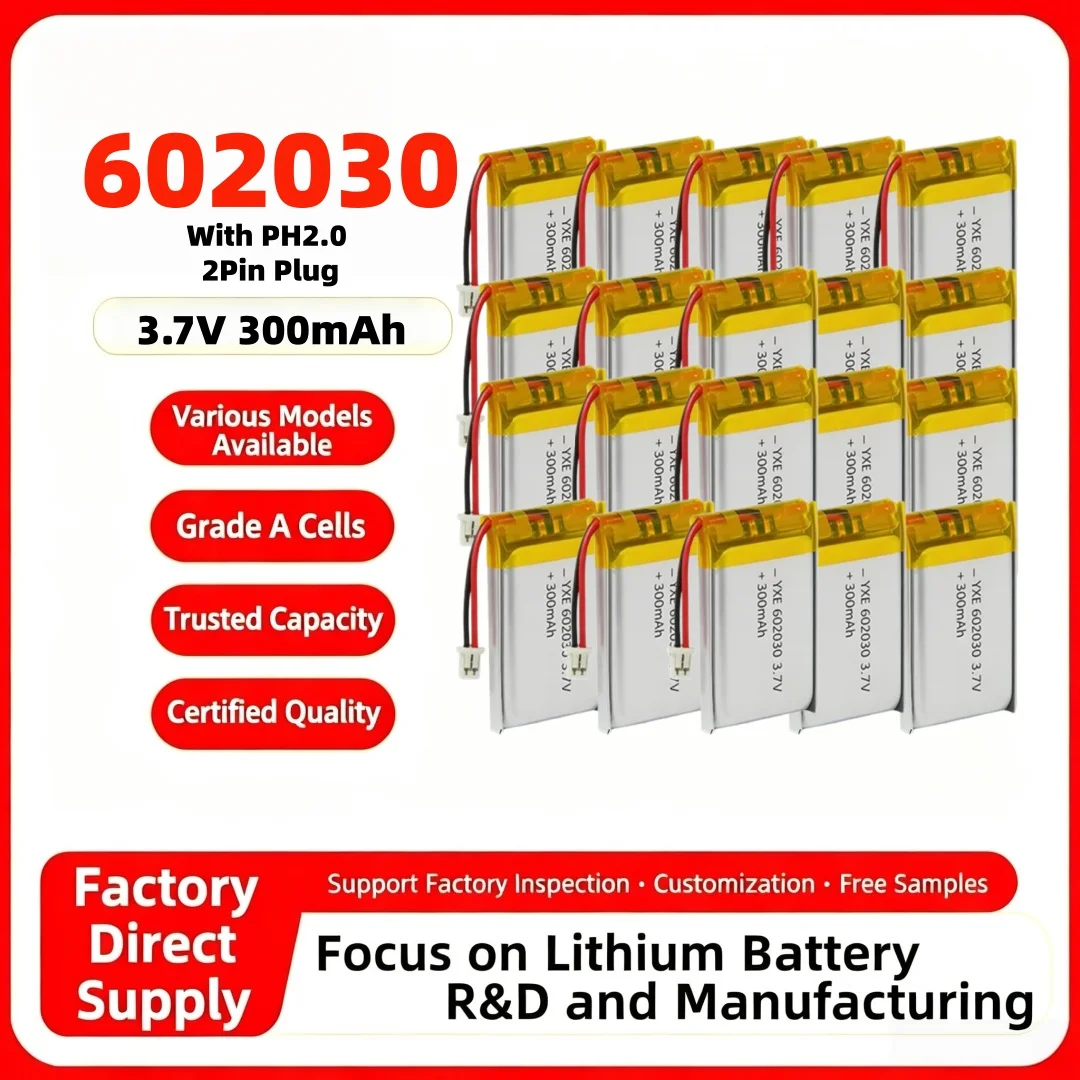 1-20PC 602030 300mAh3.7V Polymer Li-ion Battery PH2.0 Plug Rechargeable Battery For Bluetooth Headset Speaker Monitor Self-Timer