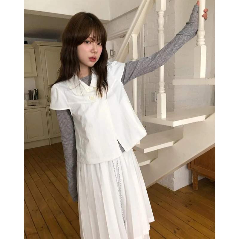 MEXZT Camicie nere vintage Donna Harajuku giapponese Camicette a maniche corte bianche con sbuffo corto Estate Coreano Design casual Top Nuovo