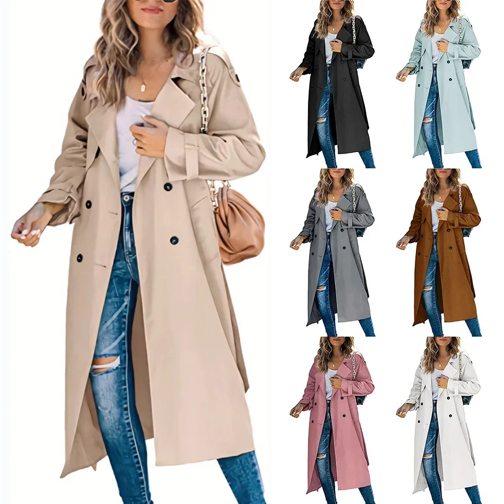 Women's Windbreaker Coat Fashion Long Pocket Lapel Button Windbreaker British Style Over The Knee Long Coat Office Commuter Wear