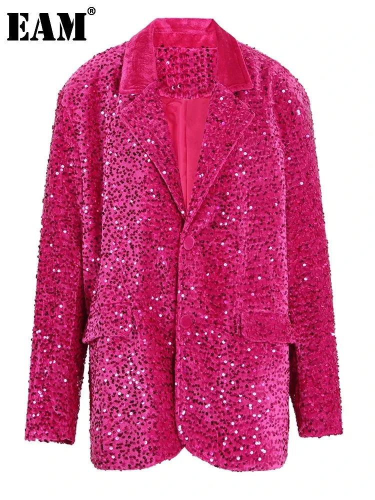 [EAM] Women Rose Red Sequins Big Size Shining Casual Blazer New Lapel Long Sleeve Jacket Fashion Tide Spring Autumn 2024 CPG1154