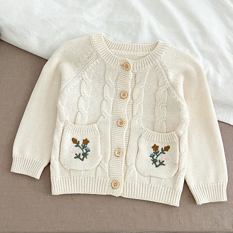 2024 New Autumn Infant Baby Girls Knitting Cardigan Newborn Baby Girls Sweater Coat Long Sleeve Flower Embroidery Cardigan Coat