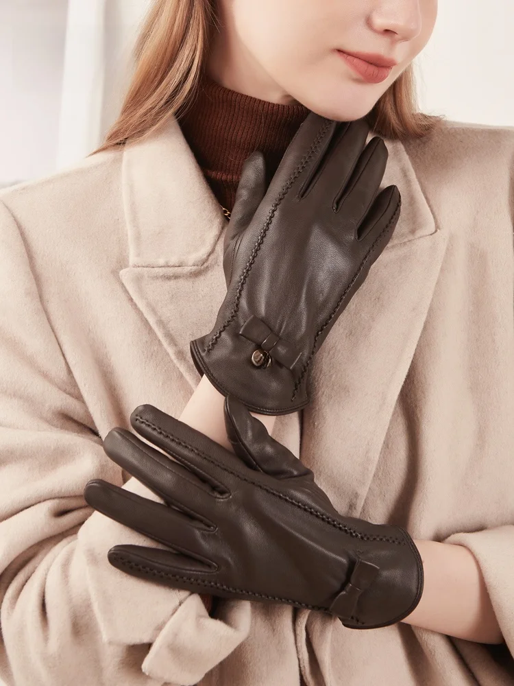 elle-genuine-leather-gloves-thiened-eepskin-touchscreen-driving-women's-sle-knot-autumn-winter-warmth
