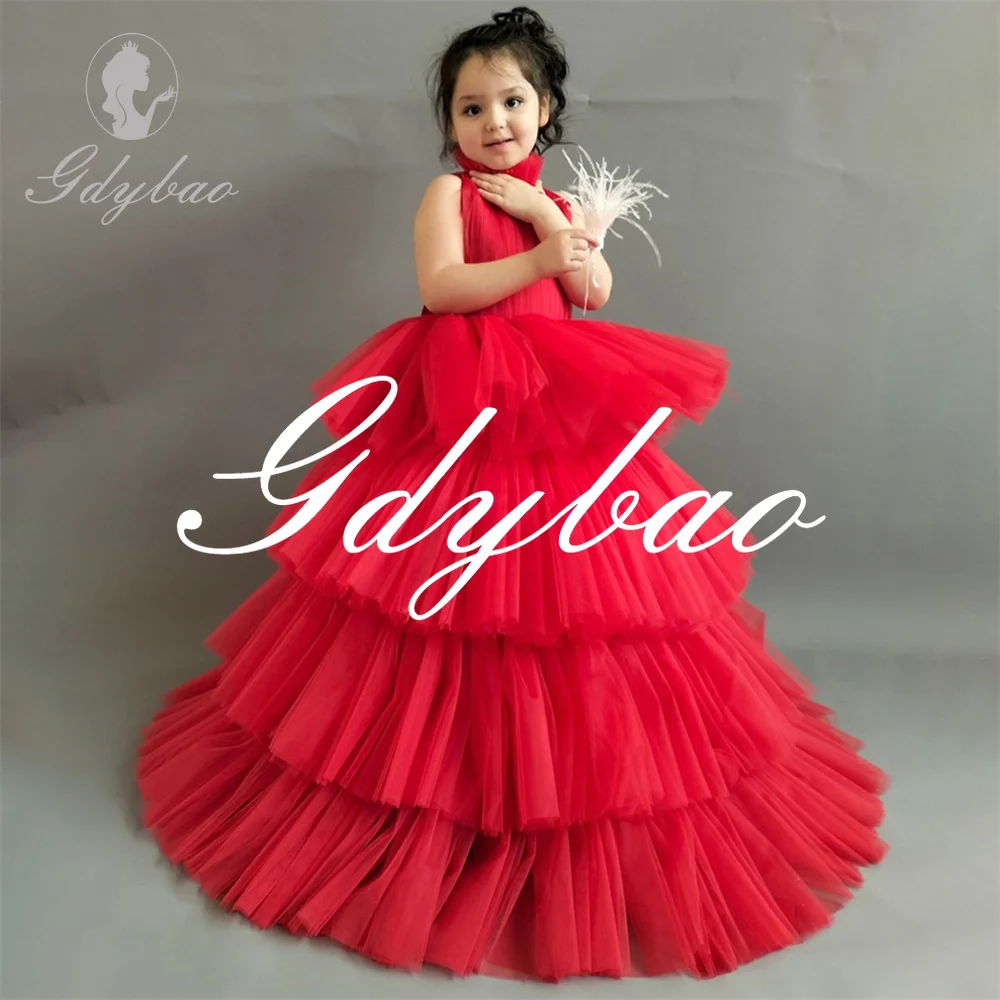 

Тюлевое плиссированное платье трапециевидной формы с высоким воротом без рукавов для девочек-цветочниц, пышное длинное бальное элегантное торжественное платье для первого причастия по индивидуальному заказу 2025