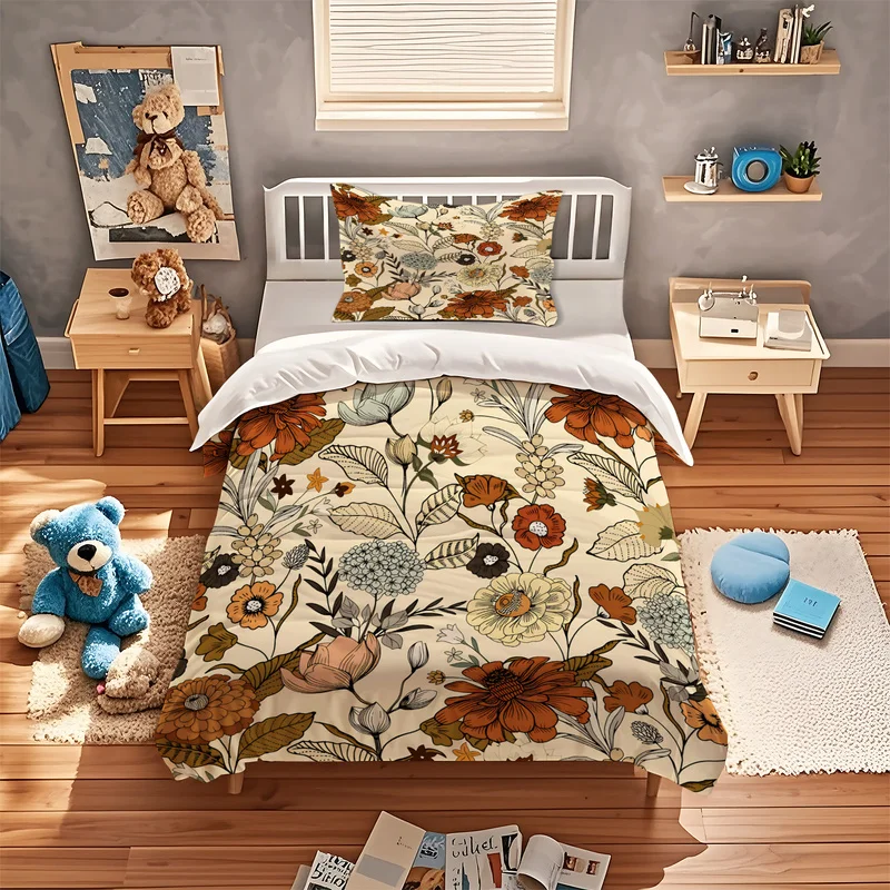 2/3Pcs Duvet Cover Set (No Comforter & Pillow Inserts),Retro Warm Floral Print,Soft Machine Washable,Cozy Autumn Bedroom Decor