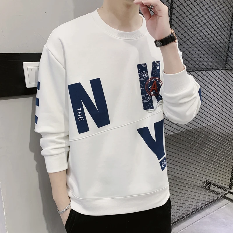 

Spring and Autumn Men's Pullover Round Neck New Patchwork Letter Printed Hoodie Loose Fashion Casual Versatile Long Sleeved Tops