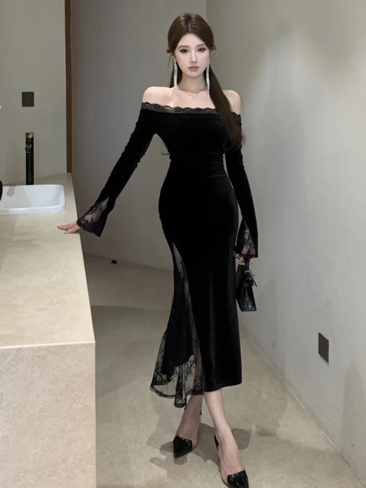 

Ele Lace Splice Bodycon Dr Сексуальное бархатное женское платье на одно плечо со средней талией для повседневной носки