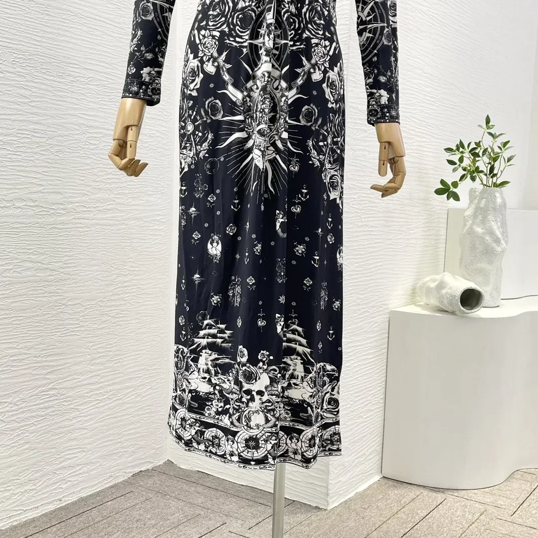 Vestidos Midi de mujer con estampado Floral de rosa negra, pliegues, alta calidad, novedades, cintura recortada, diamantes, para vacaciones, 2024