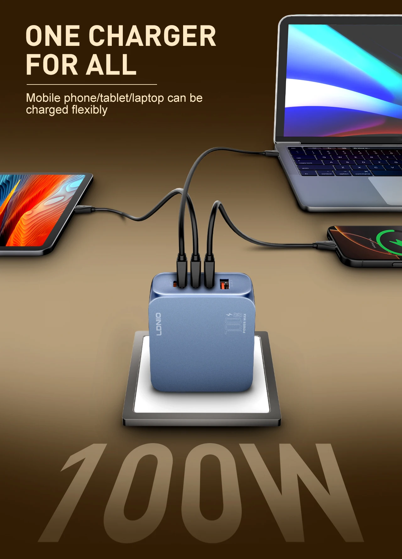 LDNIO GaN 100W USB C Charger 4 Port Compact Wall Charger Power Adapter For MacBook Pro/Air, iPad, iPhone 16 ,Galaxy ,Laptop