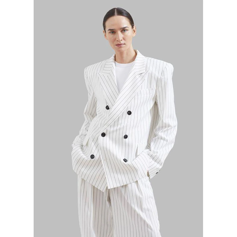 Conjunto elegante de dos piezas para mujer, pantalones de doble botonadura a rayas blancas, chaqueta y pantalón de alta gama