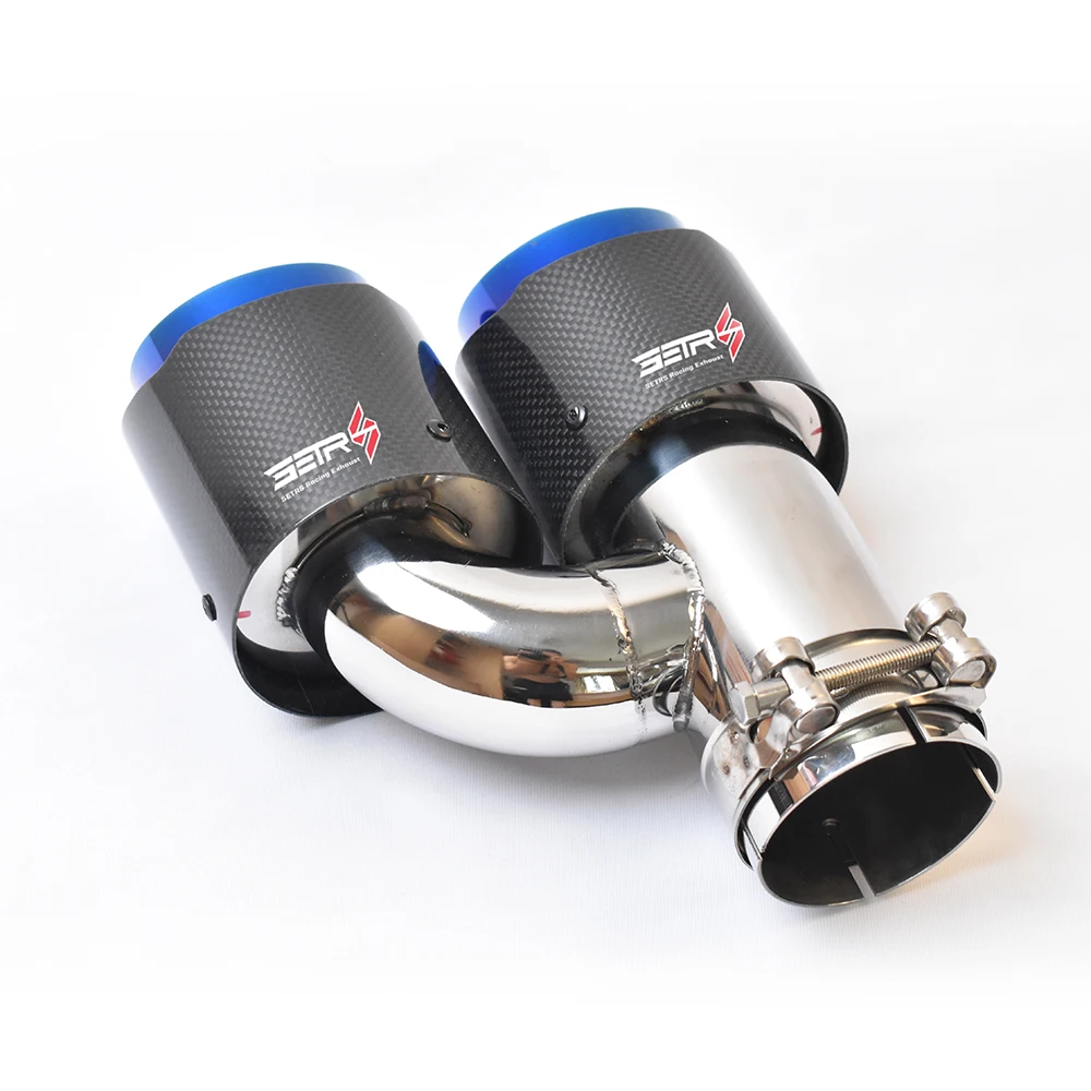 2Pcs Left And Right Car Dual Exhaust Brunt Blue End Pipe Glossy Carbon Fiber Muffler Tip Throut