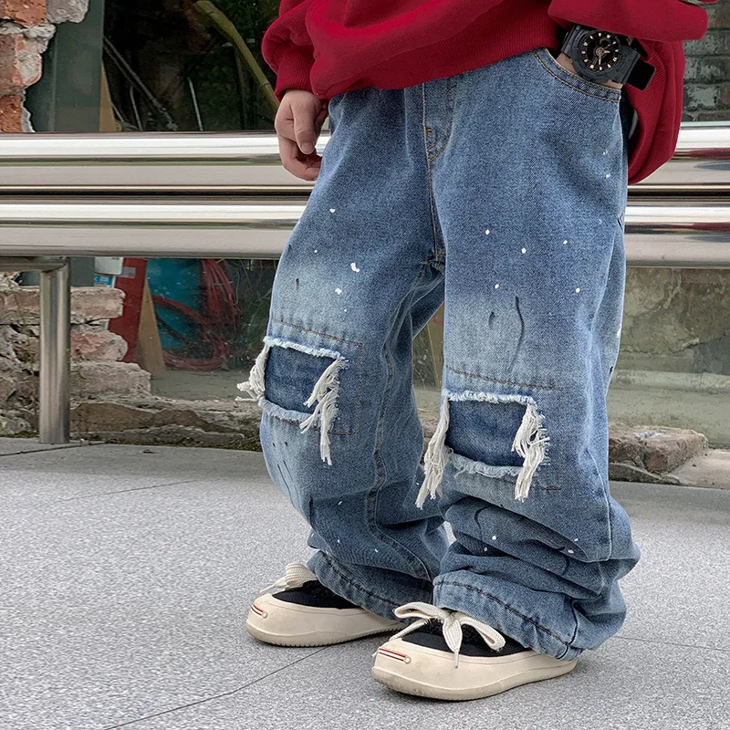 

Весенне-осенние детские лоскутные джинсы, модные джинсы для мальчиков, новые детские свободные брюки, мешковатые штаны для мальчиков, От 2 до 8 лет