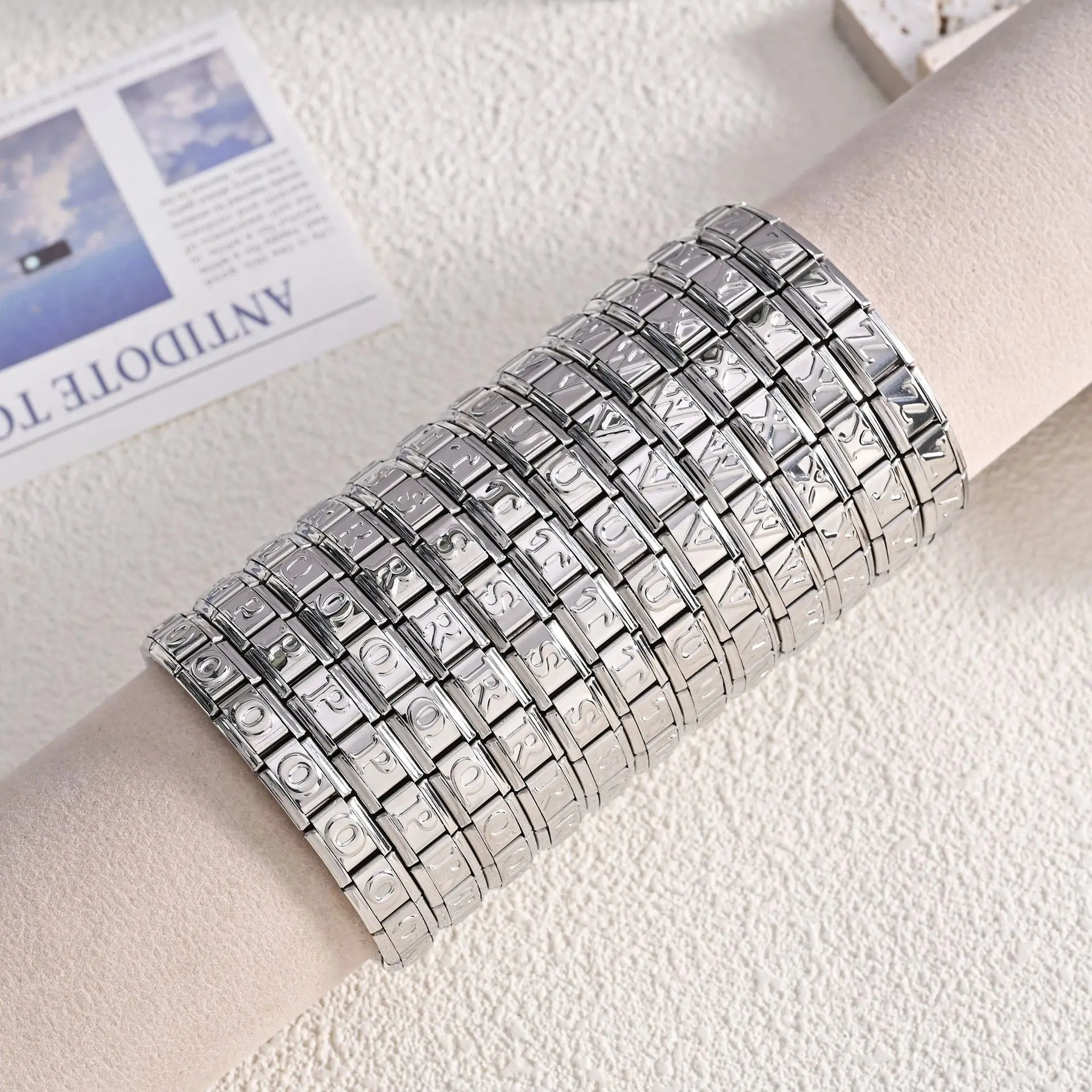 Stainless Steel Letter Stretch Link Silver Alphabet A-Z Letter Tile Charm DIY Custom Name Elastic Module Bracelet Jewelry Gift