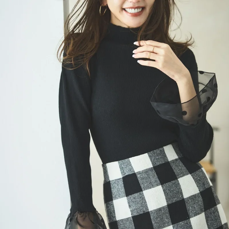 KUSAHIKI Half High Collar Knitted Patchwork Polka Dot Flared Sleeve Base Sweater Fashion Elastic Slim Knitwear Top