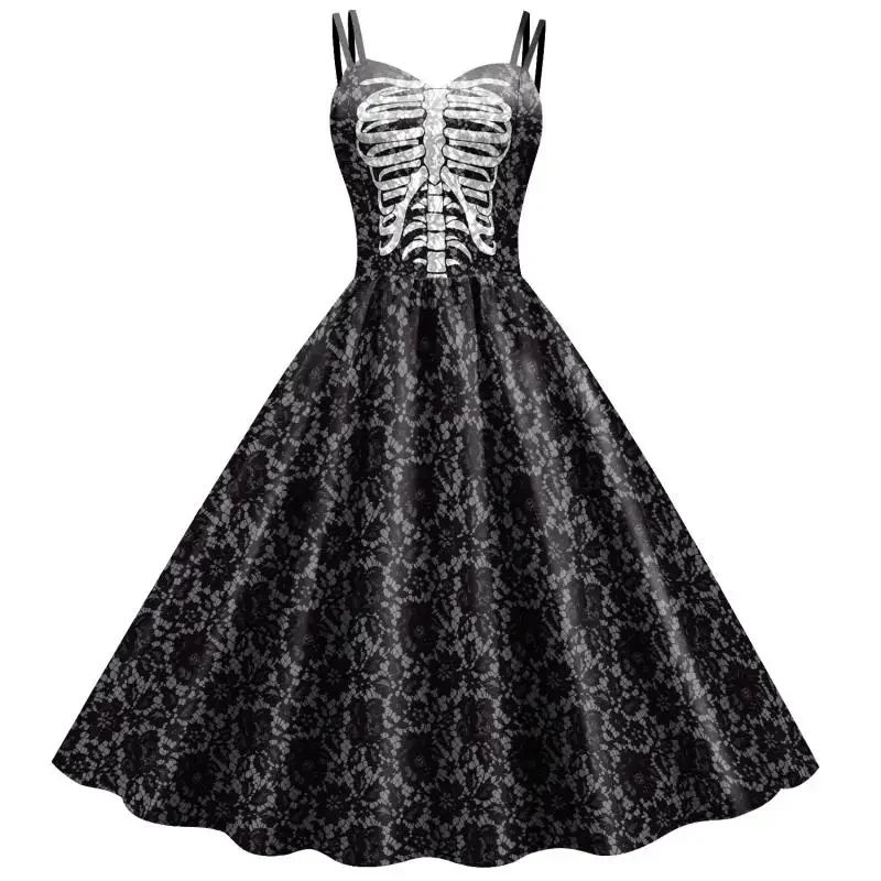 Farbe Cosplayer Halloween Cosplay Kleid Frauen Kostüm ärmellose Vintage Party Kleider Schädel Hexe gruselige Kleidung Tag der Toten