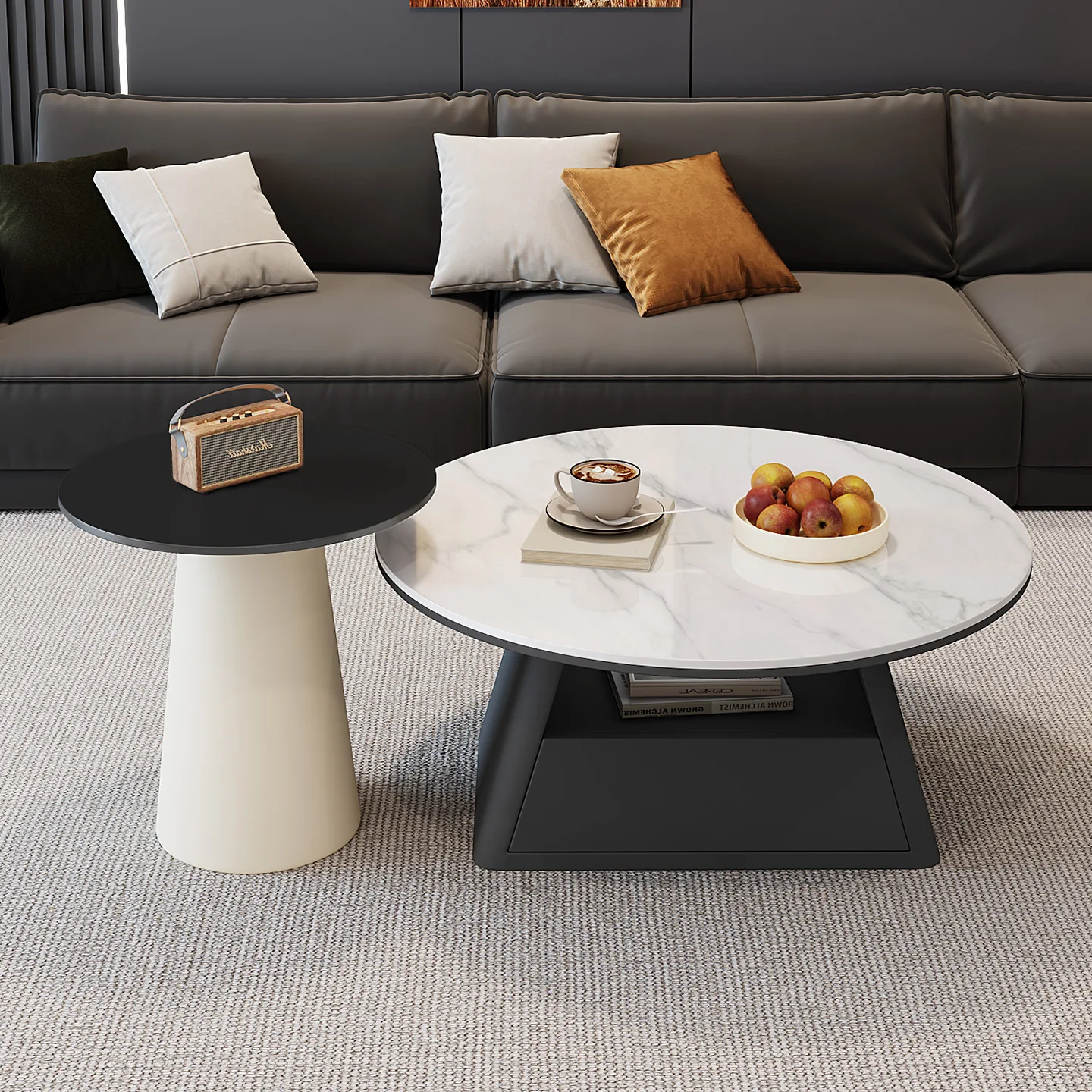 Italian minimalist, round coffee table combination, living room household small apartment, rock slab coffee table 5