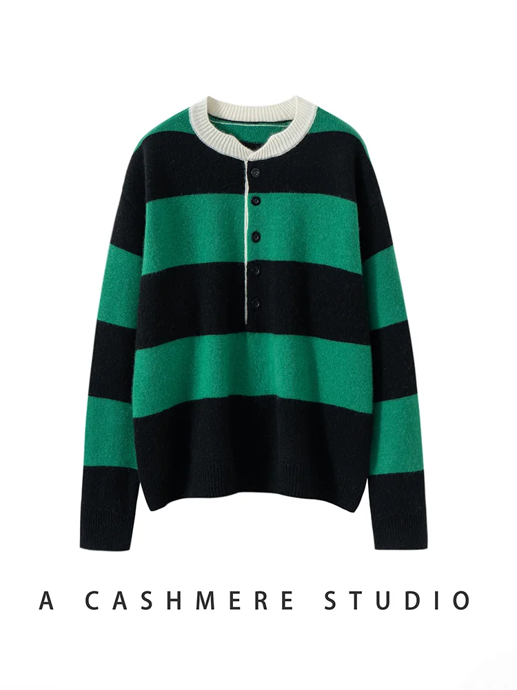 

New Women's 100% Cashmere Sweater Half Placket O-Neck Pullover Thick Contrasting Color Striped Knitwear Autumn Winter Soft Tops