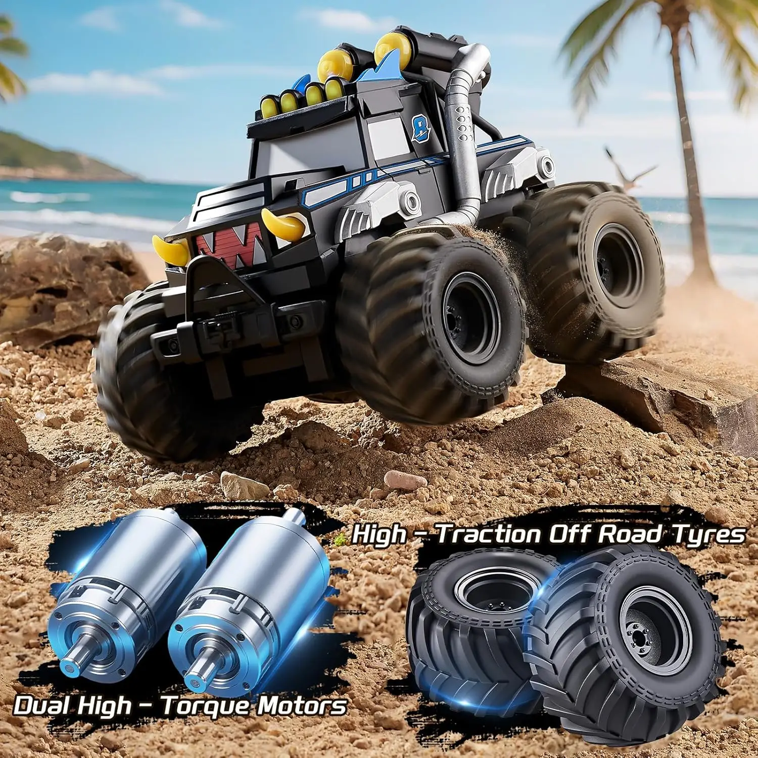 Remote Control Car 3-in-1, RC Boat with Water Gun, 2.4GHz All-Terrain Waterproof Monster Truck for Boys 4-7, 2 Batteries 70 Min Playtime, Birthday Gift Pool Toy for Kids 4-8