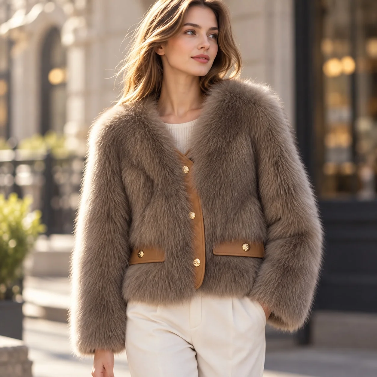 Patchwork Coat V Neck Regular Length Commuter with Elegant Regular Sleeve Long Sleeve Short Coat No Hood Winter Women Jacket