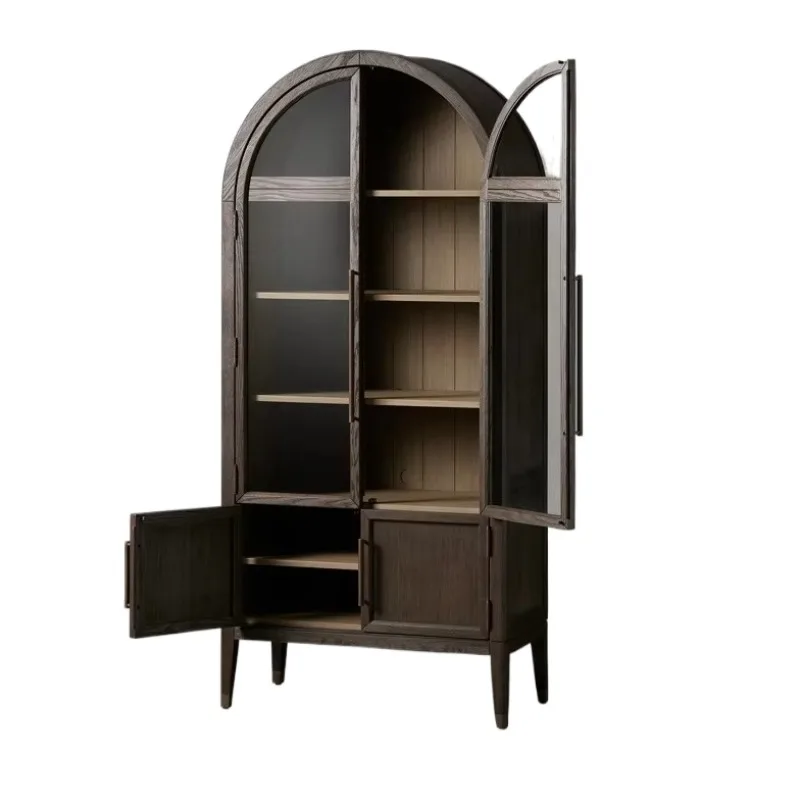 

Vintage Wine Cabinet Display Solid Ash Wood Plywood Bookcase Sideboard Black Arched Glass Door Decorative