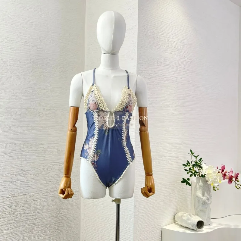 

Swimsuit 2025 Vintage New Summer High Quality Self Tie Back Lace-up Women Clothing Sea Beach Coconut Trees Print